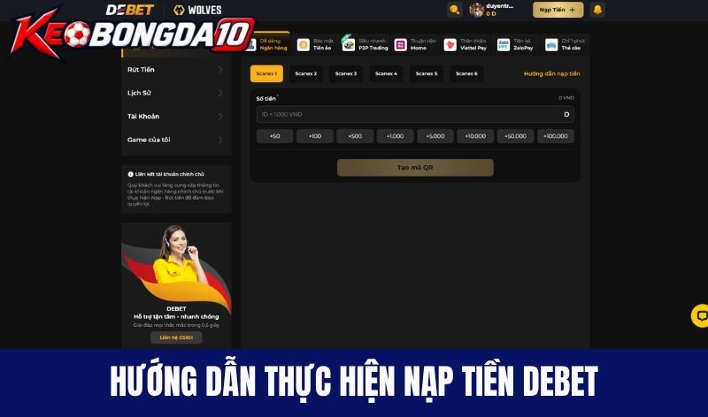 Hướng dẫn thực hiện nạp tiền Debet