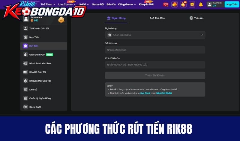 Các phương thức rút tiền Rik88 